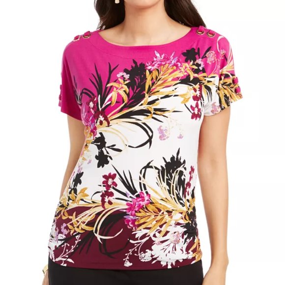 JM Collection Tops - JM Collection Split Sleeve Grommet Detail Top